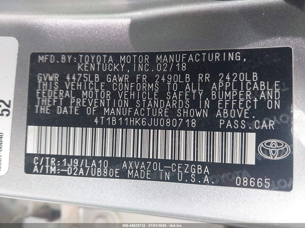 4T1B11HK6JU080718 2018 TOYOTA CAMRY photo no. 9