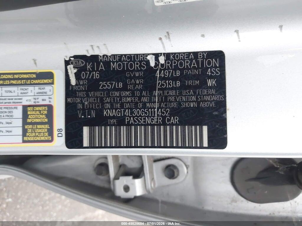KNAGT4L30G5111452 2016 KIA OPTIMA photo no. 9