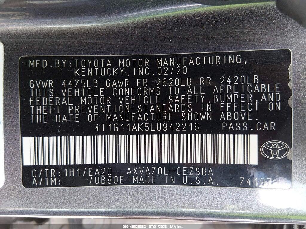 4T1G11AK5LU942216 2020 TOYOTA CAMRY photo no. 9