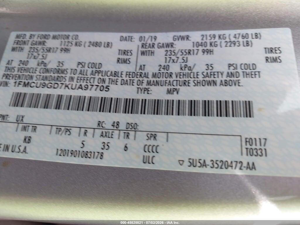1FMCU9GD7KUA97705 2019 FORD ESCAPE photo no. 9
