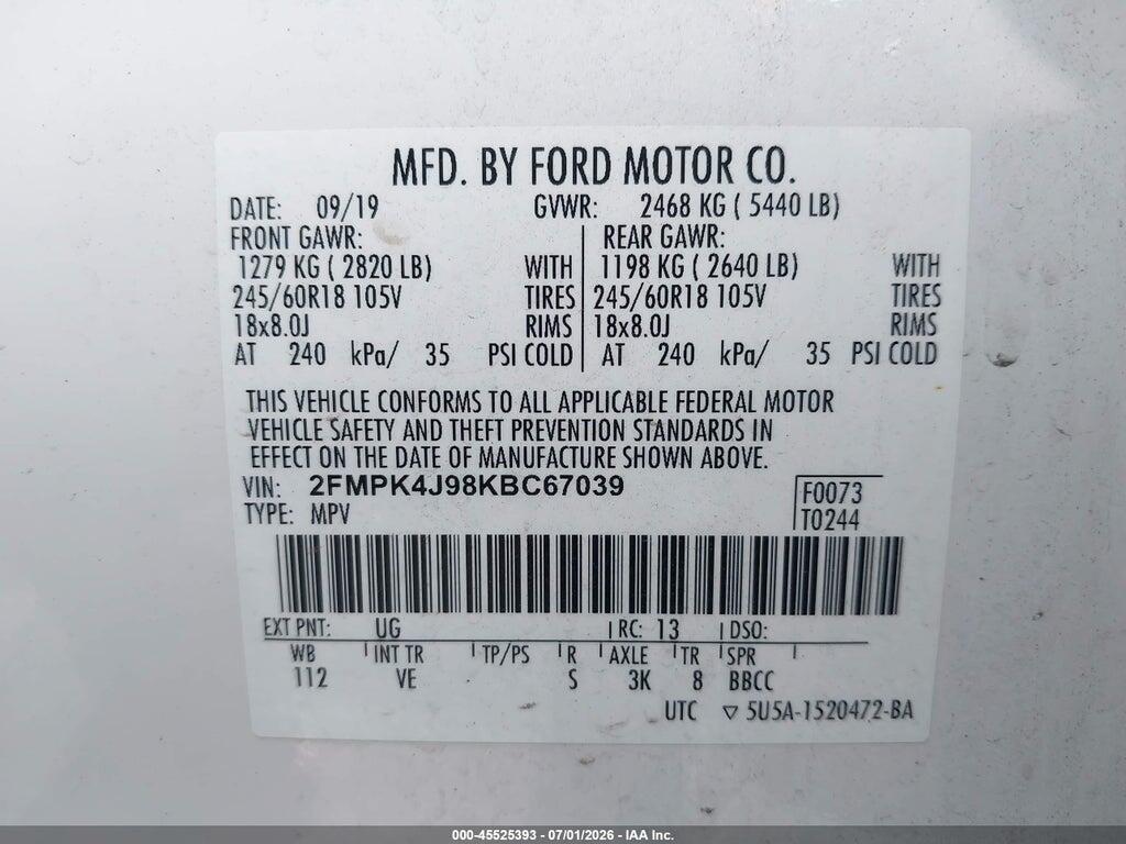 2FMPK4J98KBC67039 2019 FORD EDGE photo no. 9