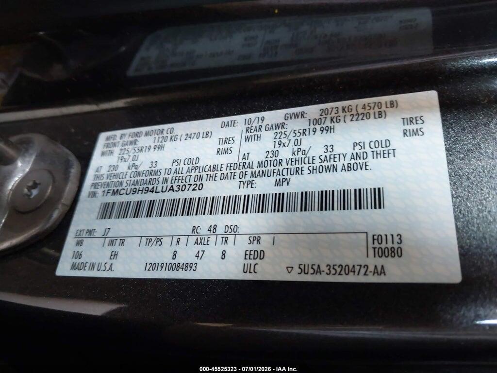 1FMCU9H94LUA30720 2020 FORD ESCAPE photo no. 9
