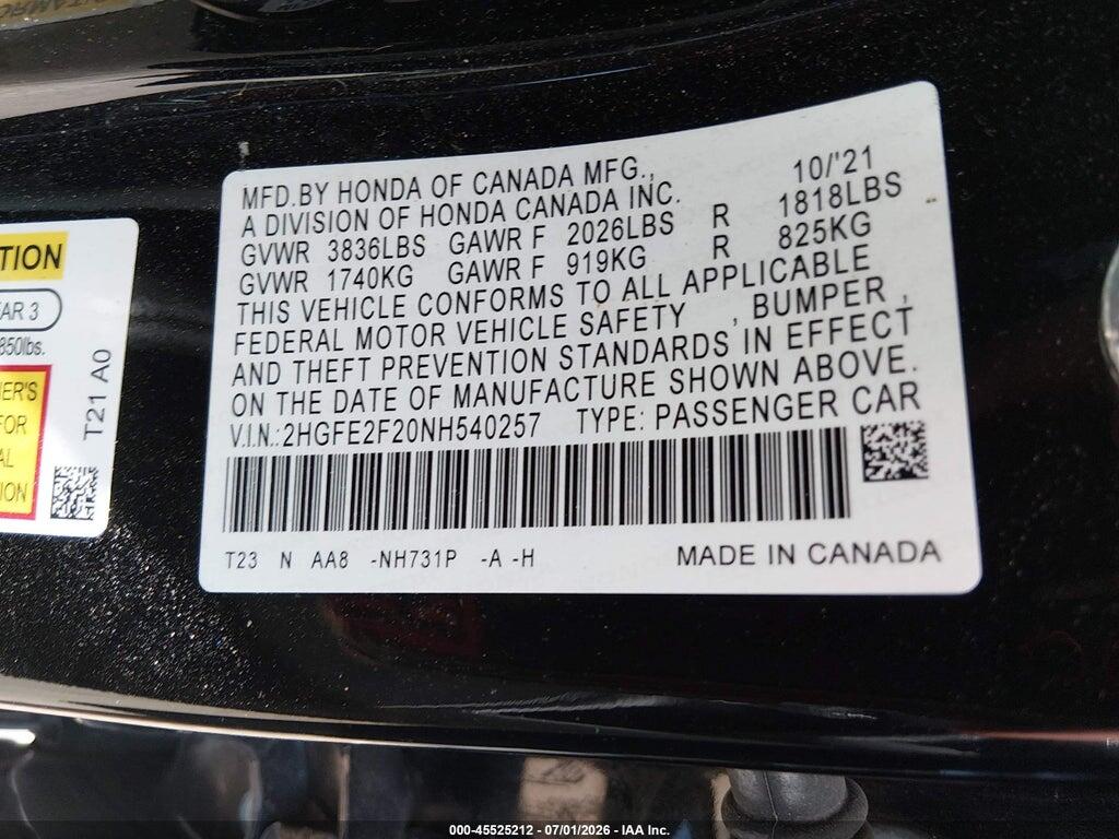 2HGFE2F20NH540257 2022 HONDA CIVIC photo no. 9