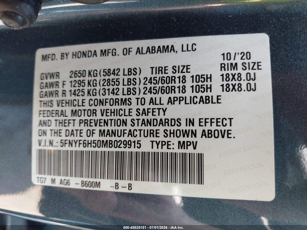 5FNYF6H50MB029915 2021 HONDA PILOT photo no. 9