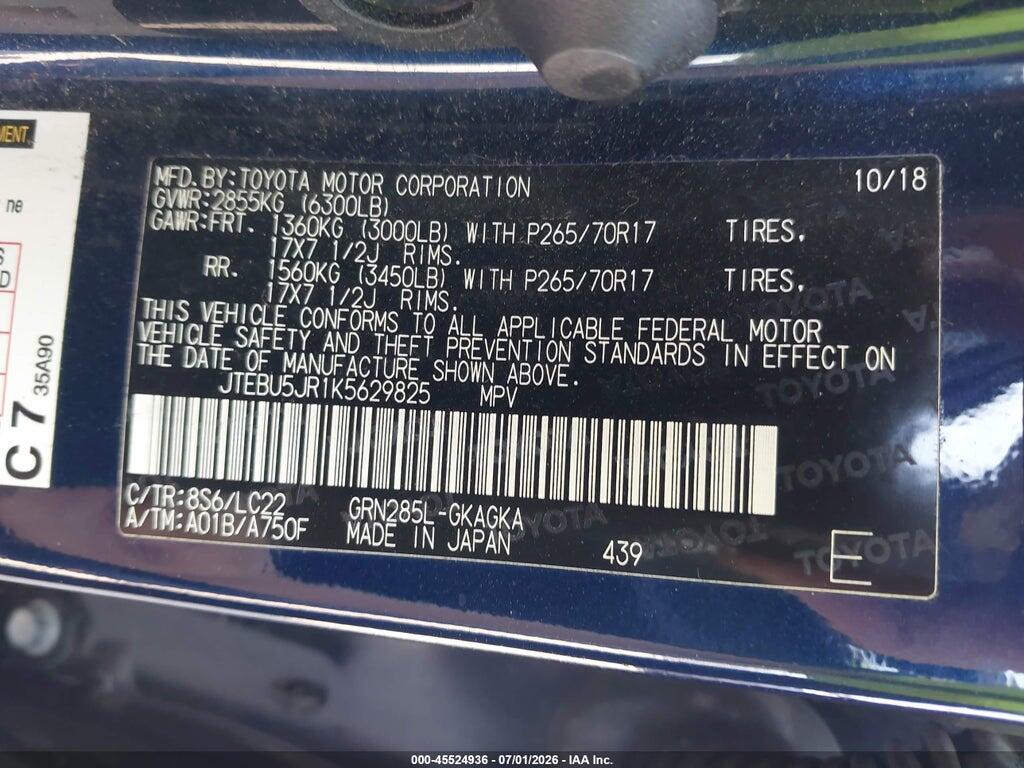 JTEBU5JR1K5629825 2019 TOYOTA 4RUNNER photo no. 9