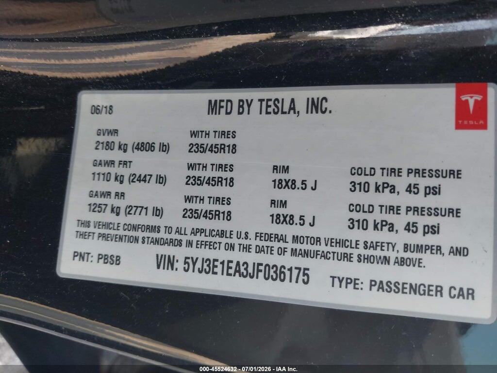 5YJ3E1EA3JF036175 2018 TESLA MODEL 3 photo no. 9