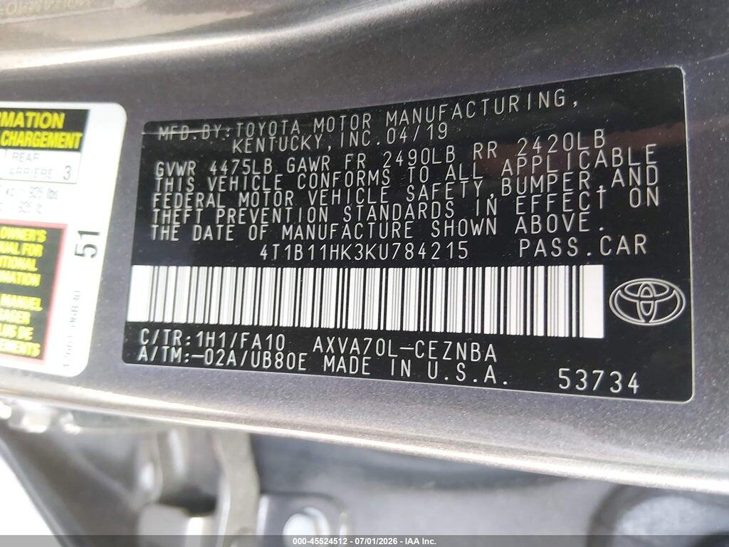 4T1B11HK3KU784215 2019 TOYOTA CAMRY photo no. 9