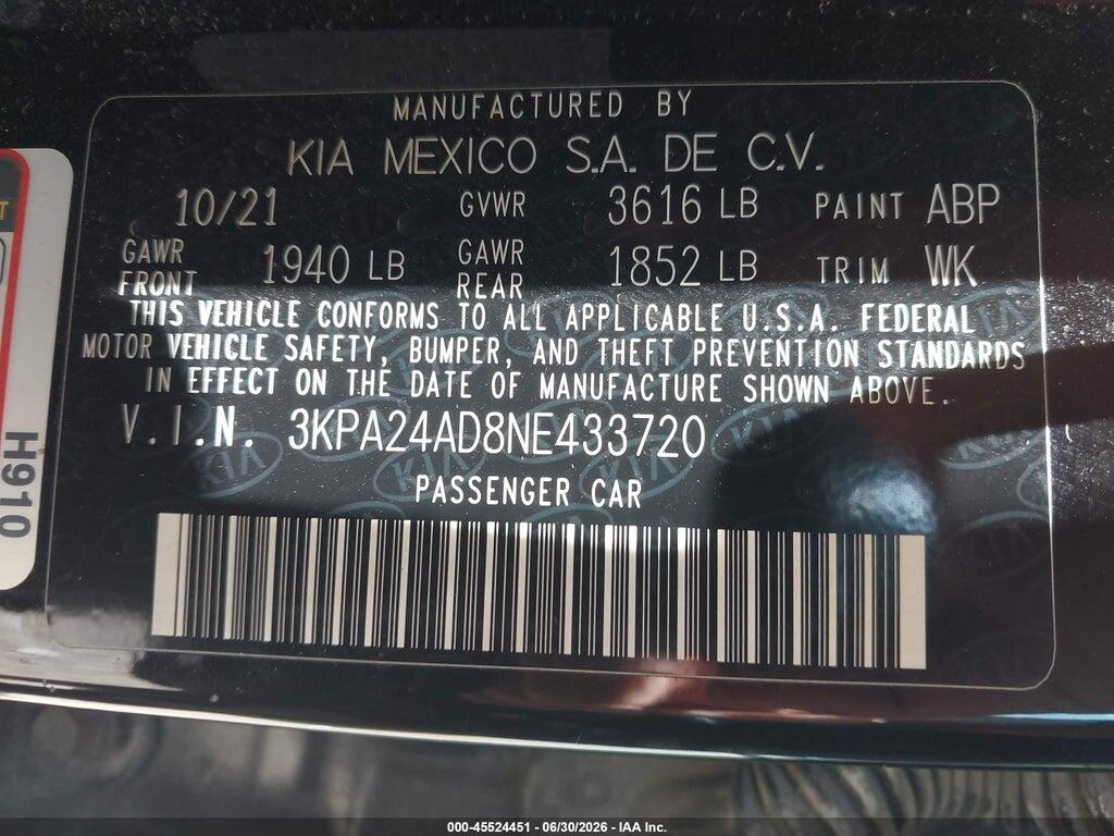 3KPA24AD8NE433720 2022 KIA RIO photo no. 9