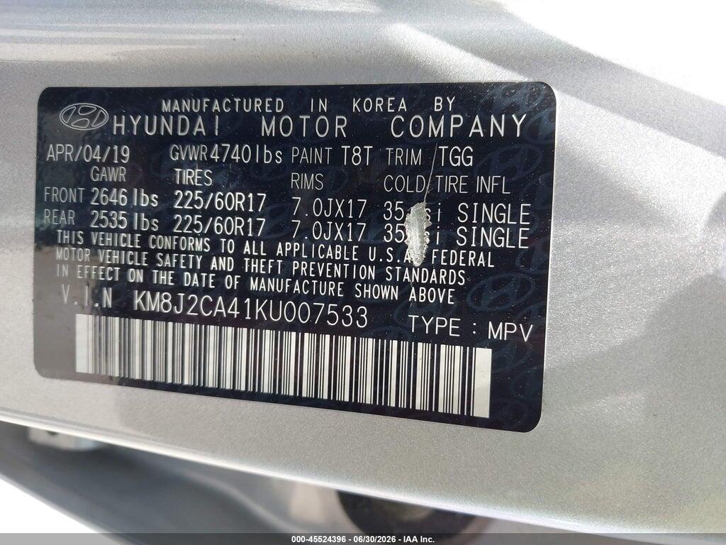 KM8J2CA41KU007533 2019 HYUNDAI TUCSON photo no. 9