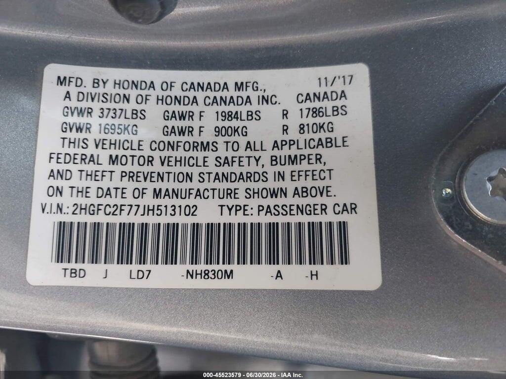 2HGFC2F77JH513102 2018 HONDA CIVIC photo no. 9