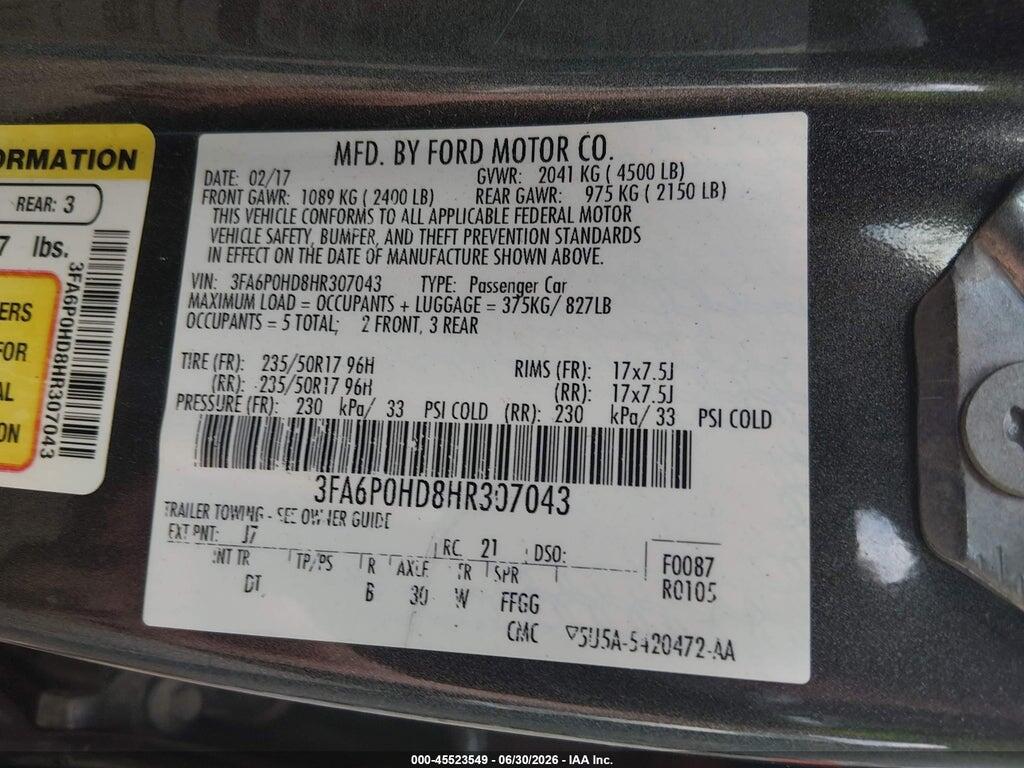 3FA6P0HD8HR307043 2017 FORD FUSION photo no. 9