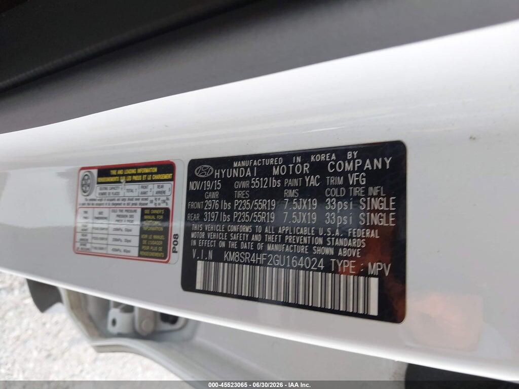 KM8SR4HF2GU164024 2016 HYUNDAI SANTA FE photo no. 9