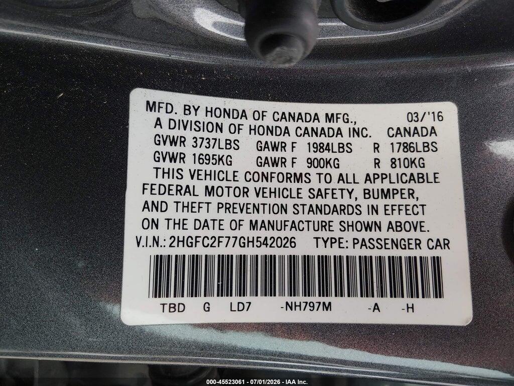 2HGFC2F77GH542026 2016 HONDA CIVIC photo no. 9