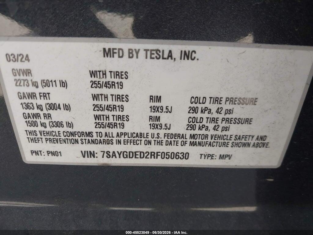 7SAYGDED2RF050630 2024 TESLA MODEL Y photo no. 9