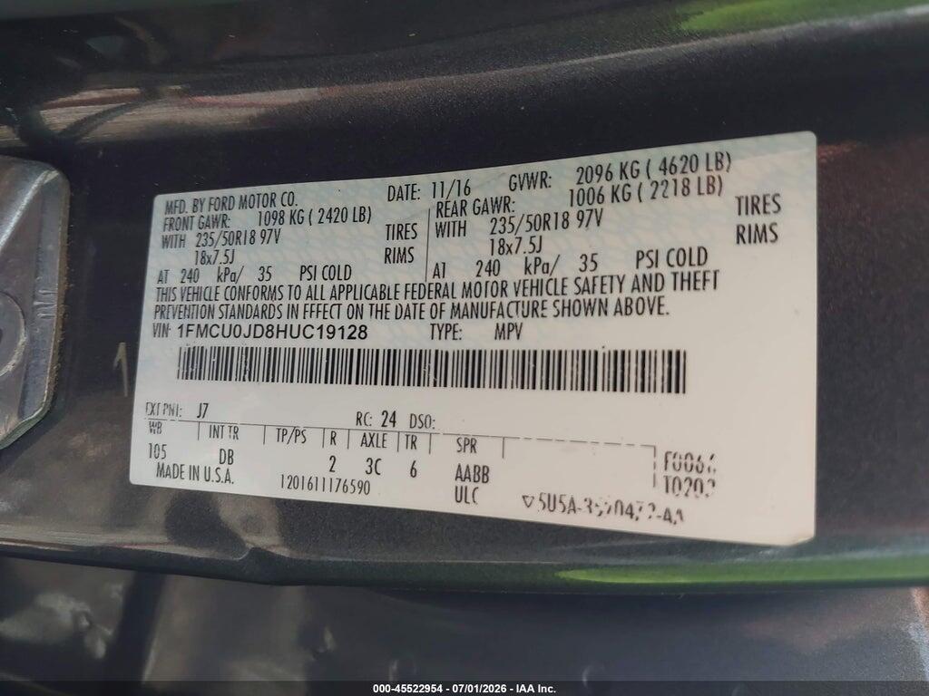 1FMCU0JD8HUC19128 2017 FORD ESCAPE photo no. 9