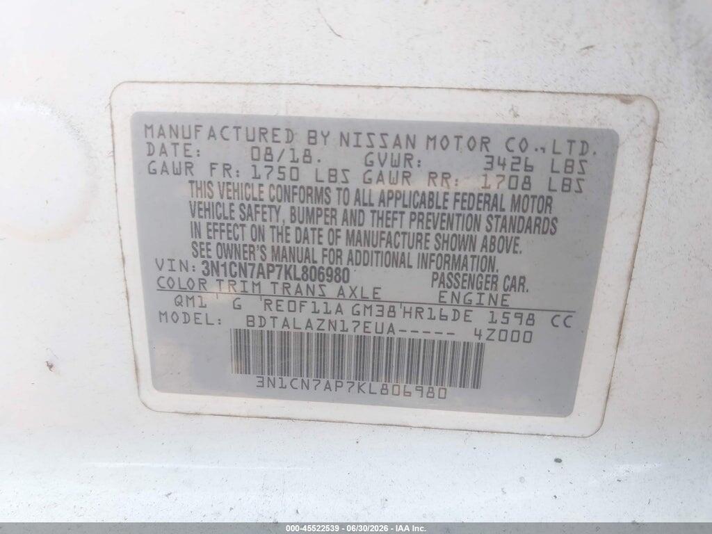 3N1CN7AP7KL806980 2019 NISSAN VERSA photo no. 9