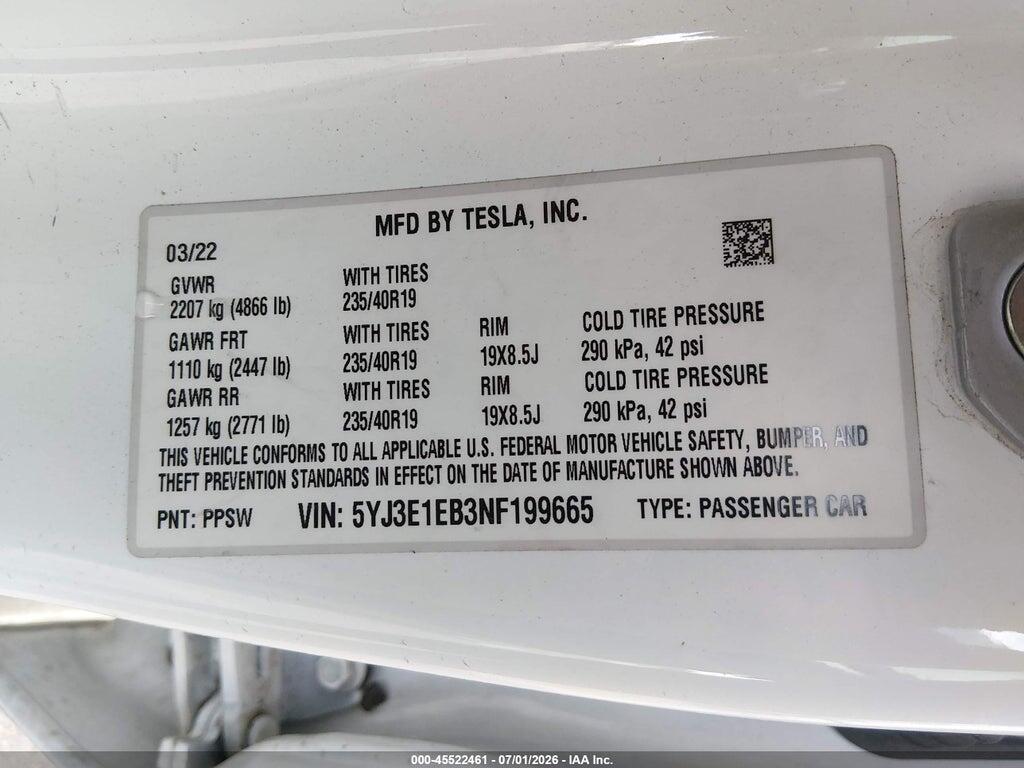 5YJ3E1EB3NF199665 2022 TESLA MODEL 3 photo no. 9