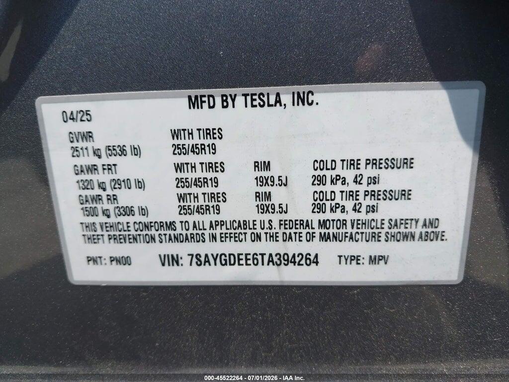 7SAYGDEE6TA394264 2026 TESLA MODEL Y photo no. 9