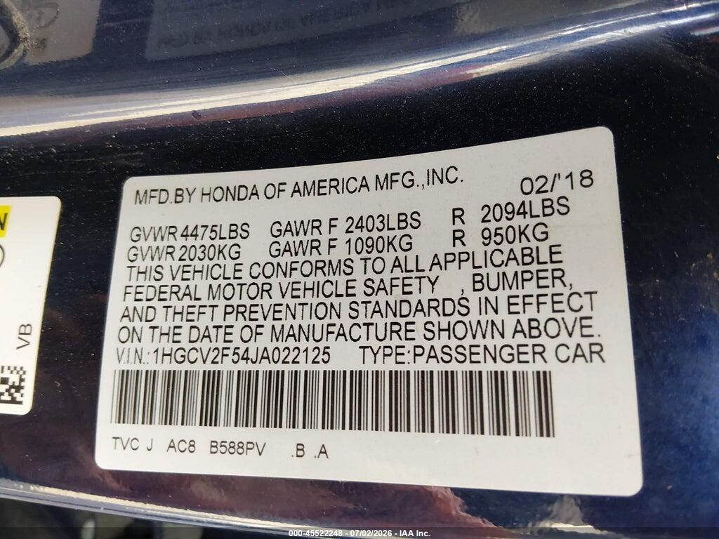 1HGCV2F54JA022125 2018 HONDA ACCORD photo no. 9