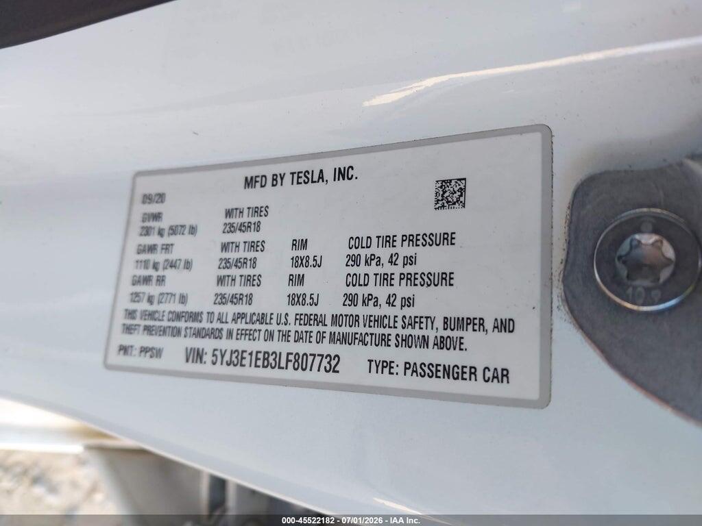5YJ3E1EB3LF807732 2020 TESLA MODEL 3 photo no. 9