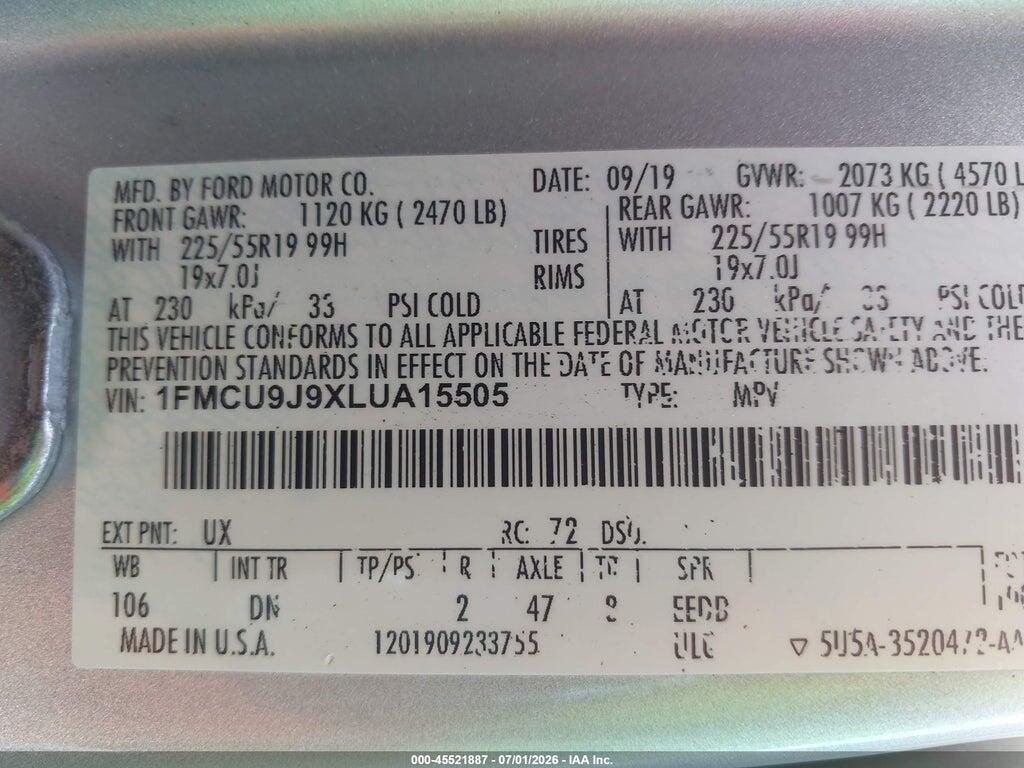 1FMCU9J9XLUA15505 2020 FORD ESCAPE photo no. 9