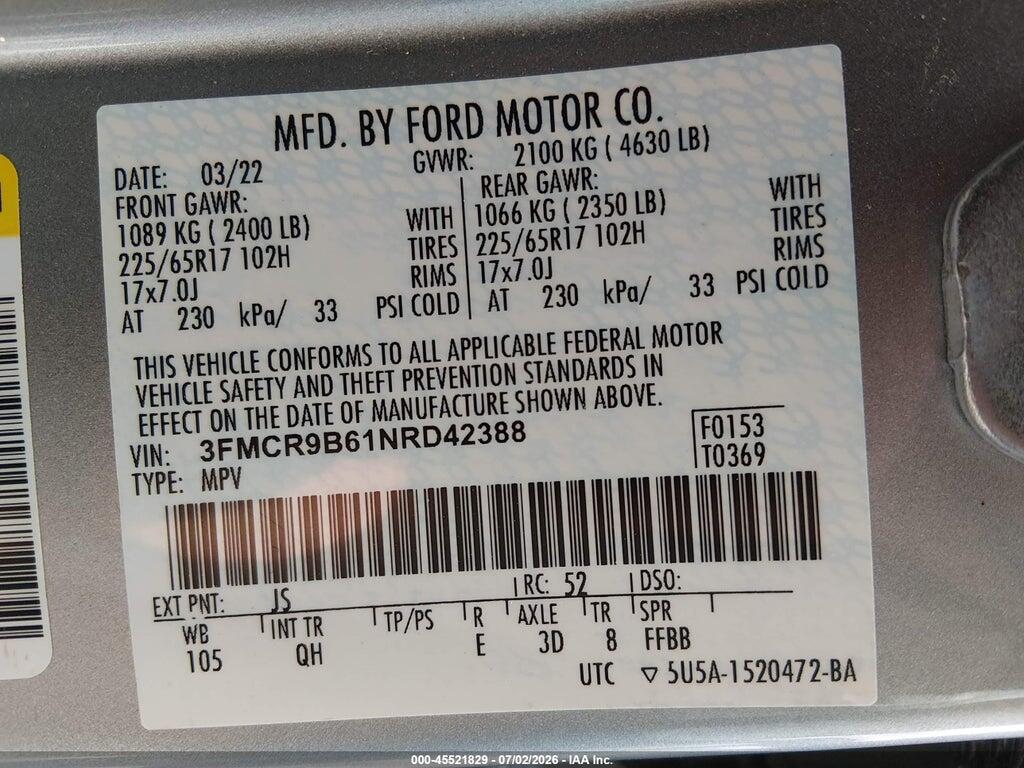 3FMCR9B61NRD42388 2022 FORD BRONCO SPORT photo no. 9