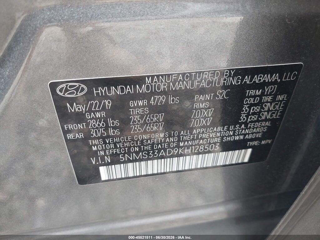 5NMS33AD9KH128503 2019 HYUNDAI SANTA FE photo no. 9