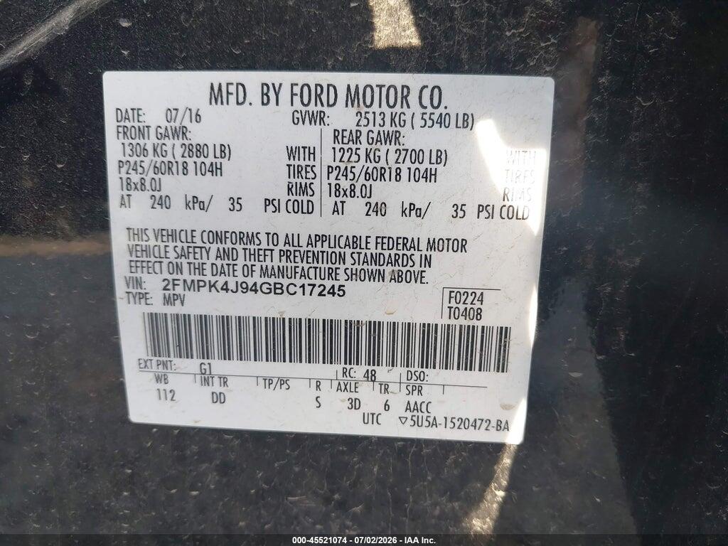 2FMPK4J94GBC17245 2016 FORD EDGE photo no. 9