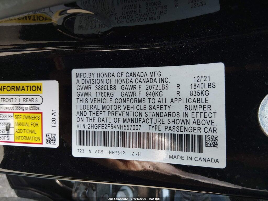 2HGFE2F54NH557007 2022 HONDA CIVIC photo no. 9