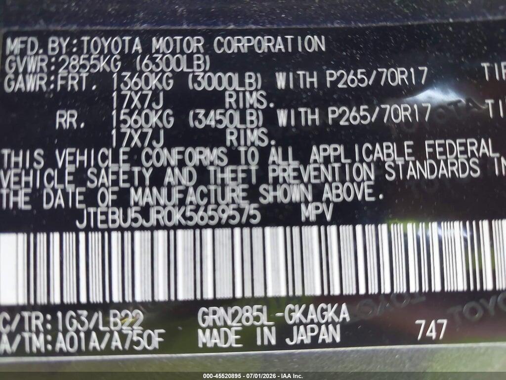 JTEBU5JR0K5659575 2019 TOYOTA 4RUNNER photo no. 9
