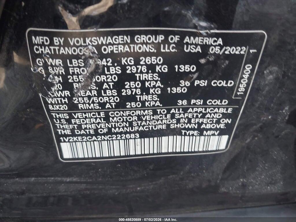 1V2KE2CA2NC222683 2022 VOLKSWAGEN ATLAS CROSS SPORT photo no. 9