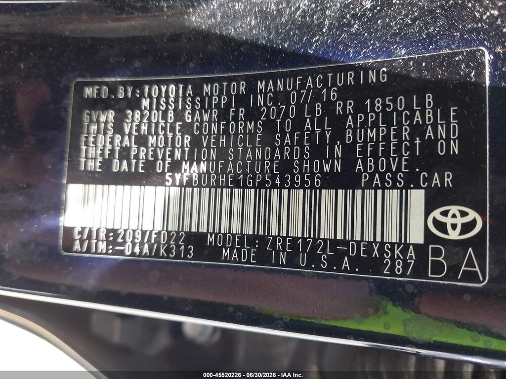 5YFBURHE1GP543956 2016 TOYOTA COROLLA photo no. 9