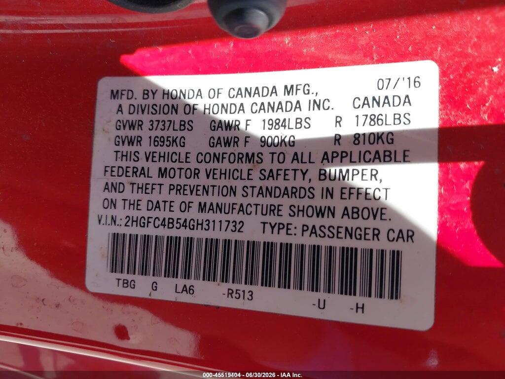 2HGFC4B54GH311732 2016 HONDA CIVIC photo no. 9