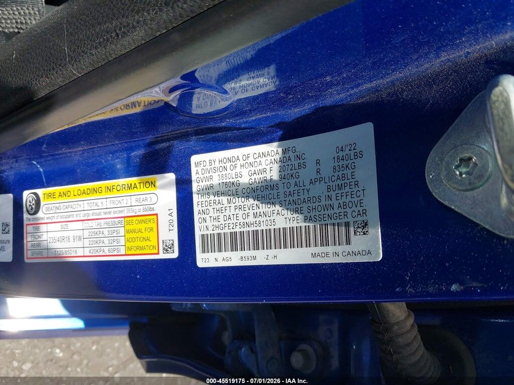 2HGFE2F58NH581035 2022 HONDA CIVIC photo no. 9