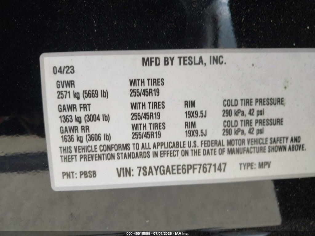 7SAYGAEE6PF767147 2023 TESLA MODEL Y photo no. 9