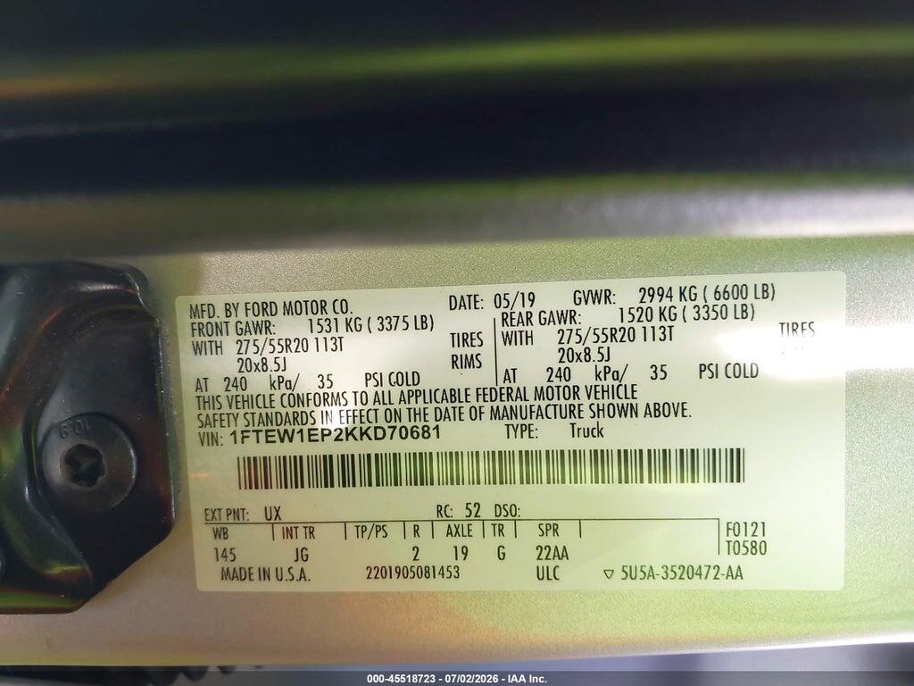 1FTEW1EP2KKD70681 2019 FORD F-150 photo no. 9