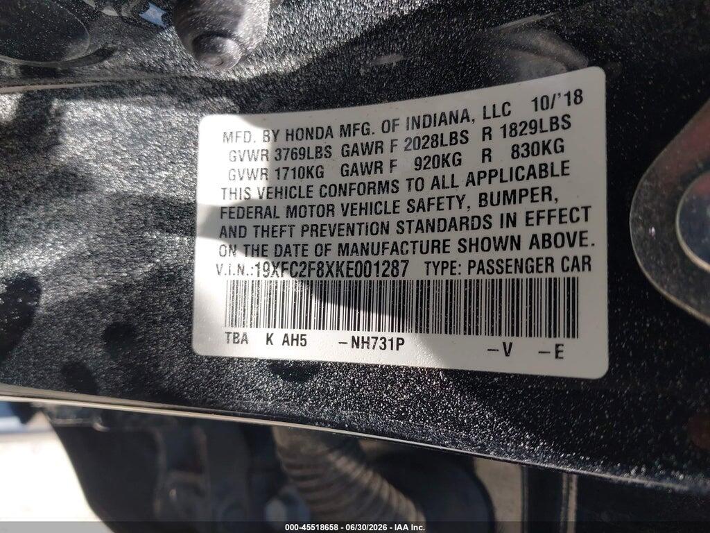 19XFC2F8XKE001287 2019 HONDA CIVIC photo no. 9