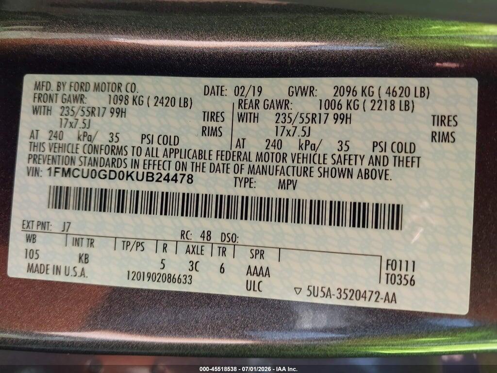 1FMCU0GD0KUB24478 2019 FORD ESCAPE photo no. 9