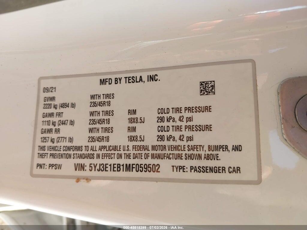 5YJ3E1EB1MF059502 2021 TESLA MODEL 3 photo no. 9