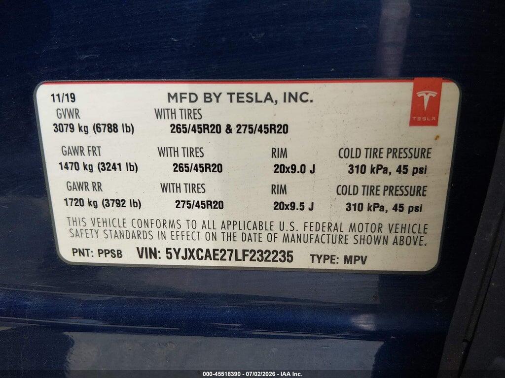 5YJXCAE27LF232235 2020 TESLA MODEL X photo no. 9