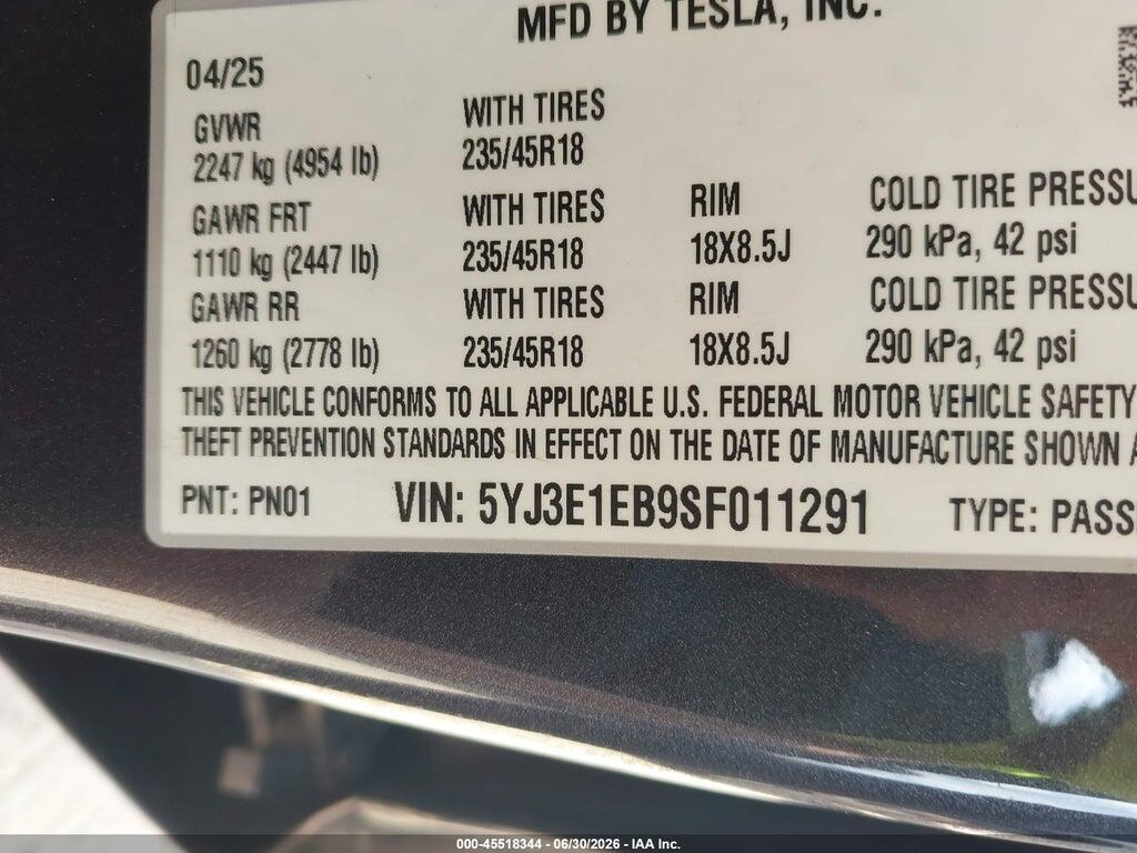 5YJ3E1EB9SF011291 2025 TESLA MODEL 3 photo no. 9