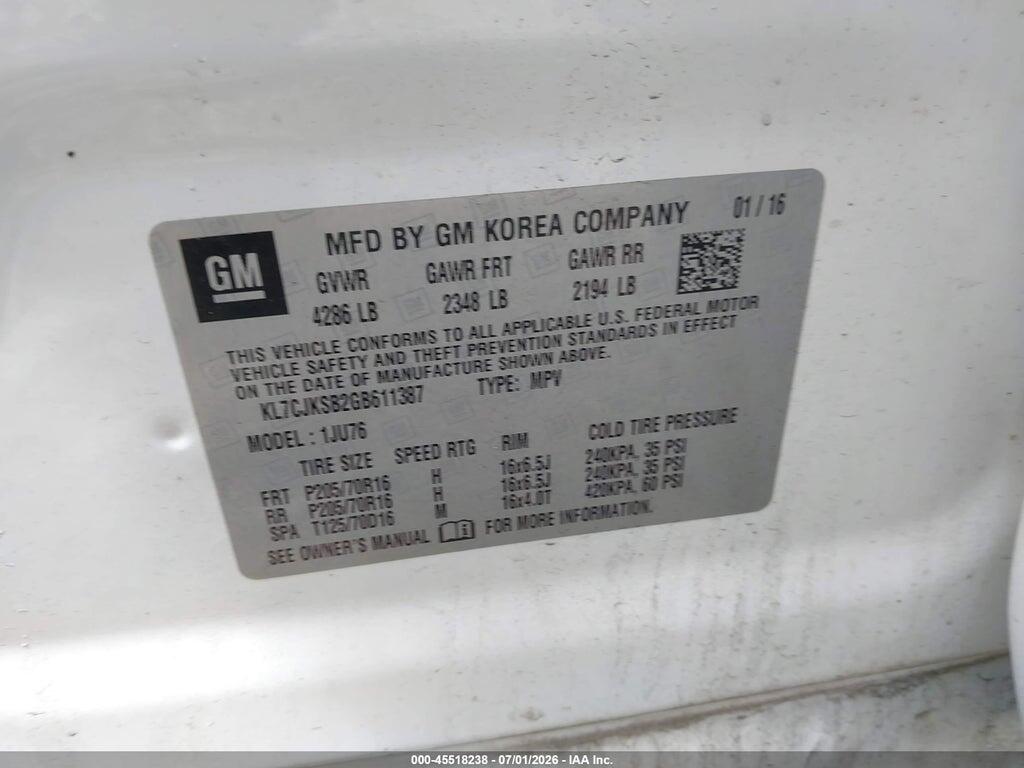 KL7CJKSB2GB611387 2016 CHEVROLET TRAX photo no. 9