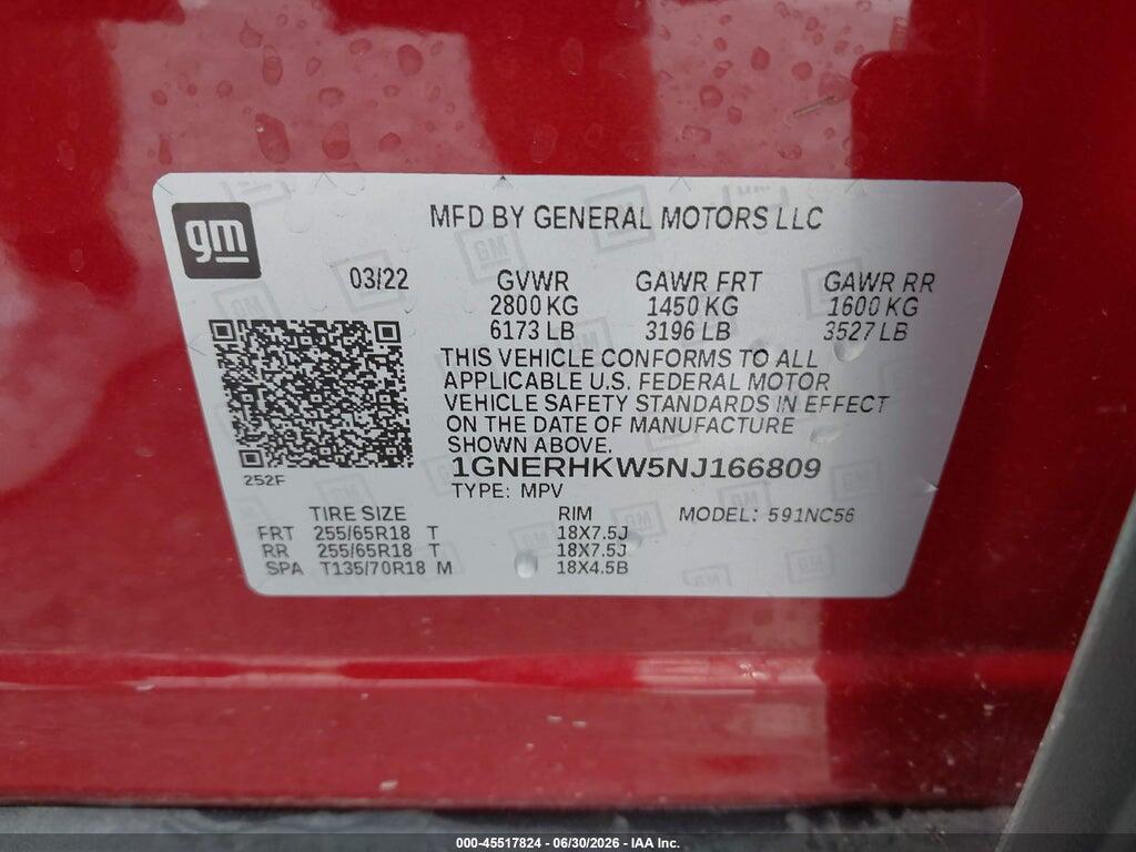 1GNERHKW5NJ166809 2022 CHEVROLET TRAVERSE photo no. 9