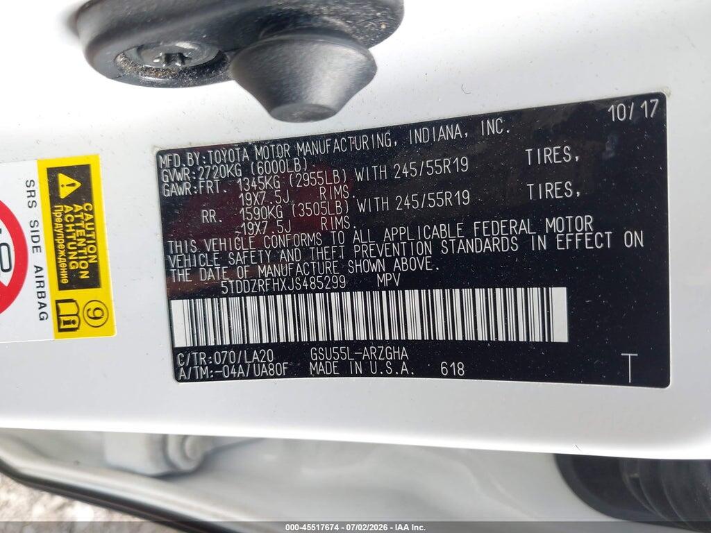5TDDZRFHXJS485299 2018 TOYOTA HIGHLANDER photo no. 9