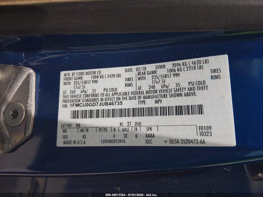1FMCU0GD7JUB46735 2018 FORD ESCAPE photo no. 9