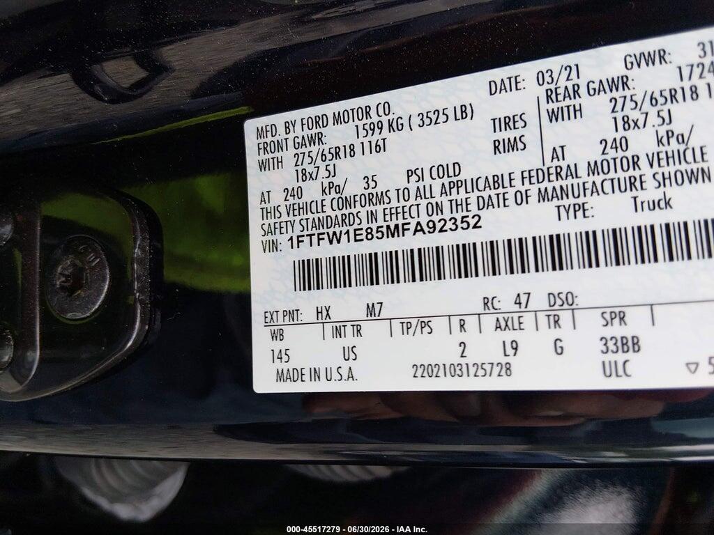 1FTFW1E85MFA92352 2021 FORD F-150 photo no. 9