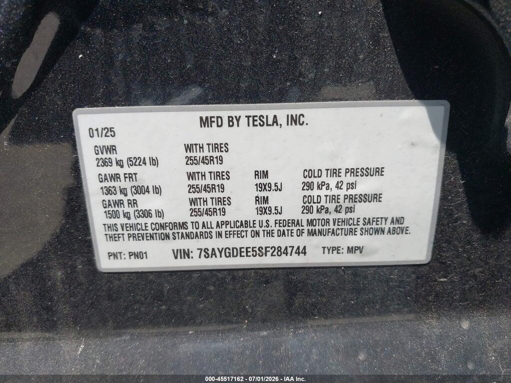 7SAYGDEE5SF284744 2025 TESLA MODEL Y photo no. 9