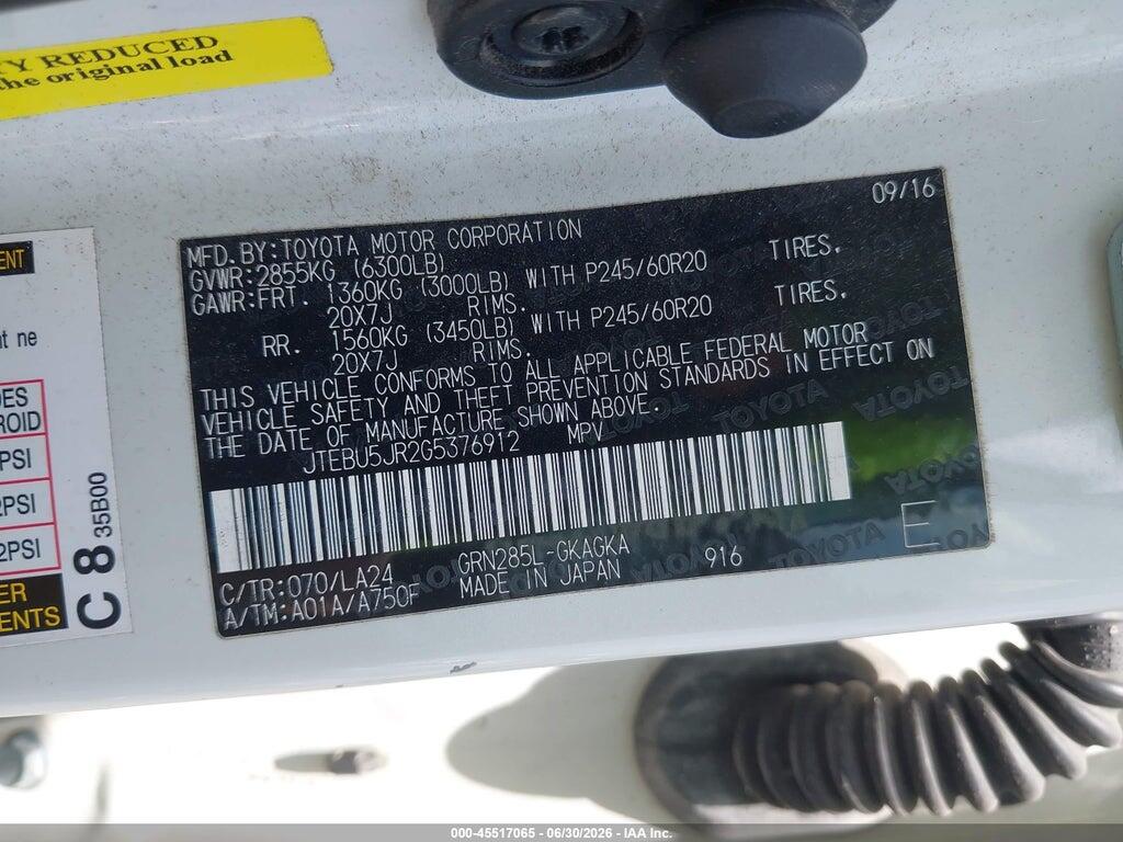 JTEBU5JR2G5376912 2016 TOYOTA 4RUNNER photo no. 9