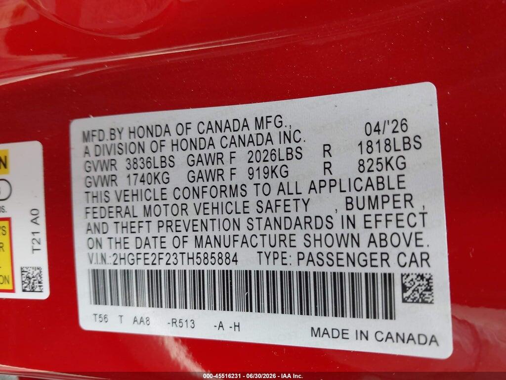2HGFE2F23TH585884 2026 HONDA CIVIC photo no. 9