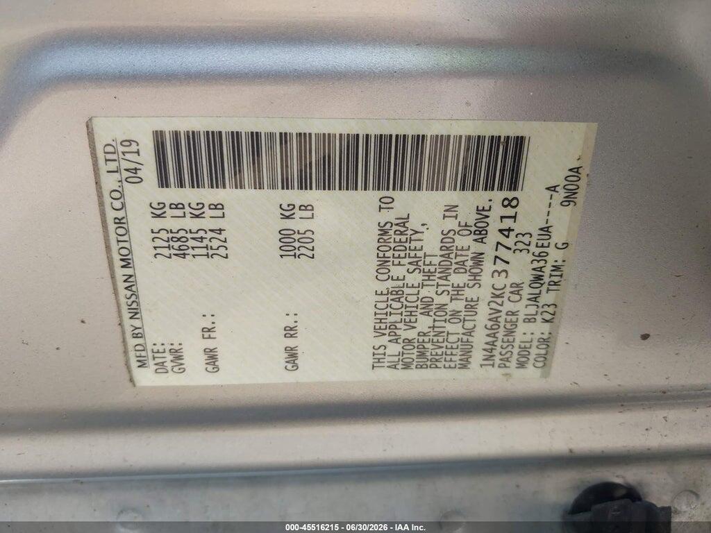 1N4AA6AV2KC377418 2019 NISSAN MAXIMA photo no. 9
